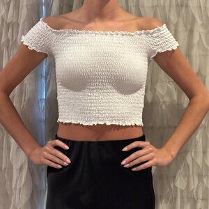 White Off-Shoulder Smocked Top | Size Small